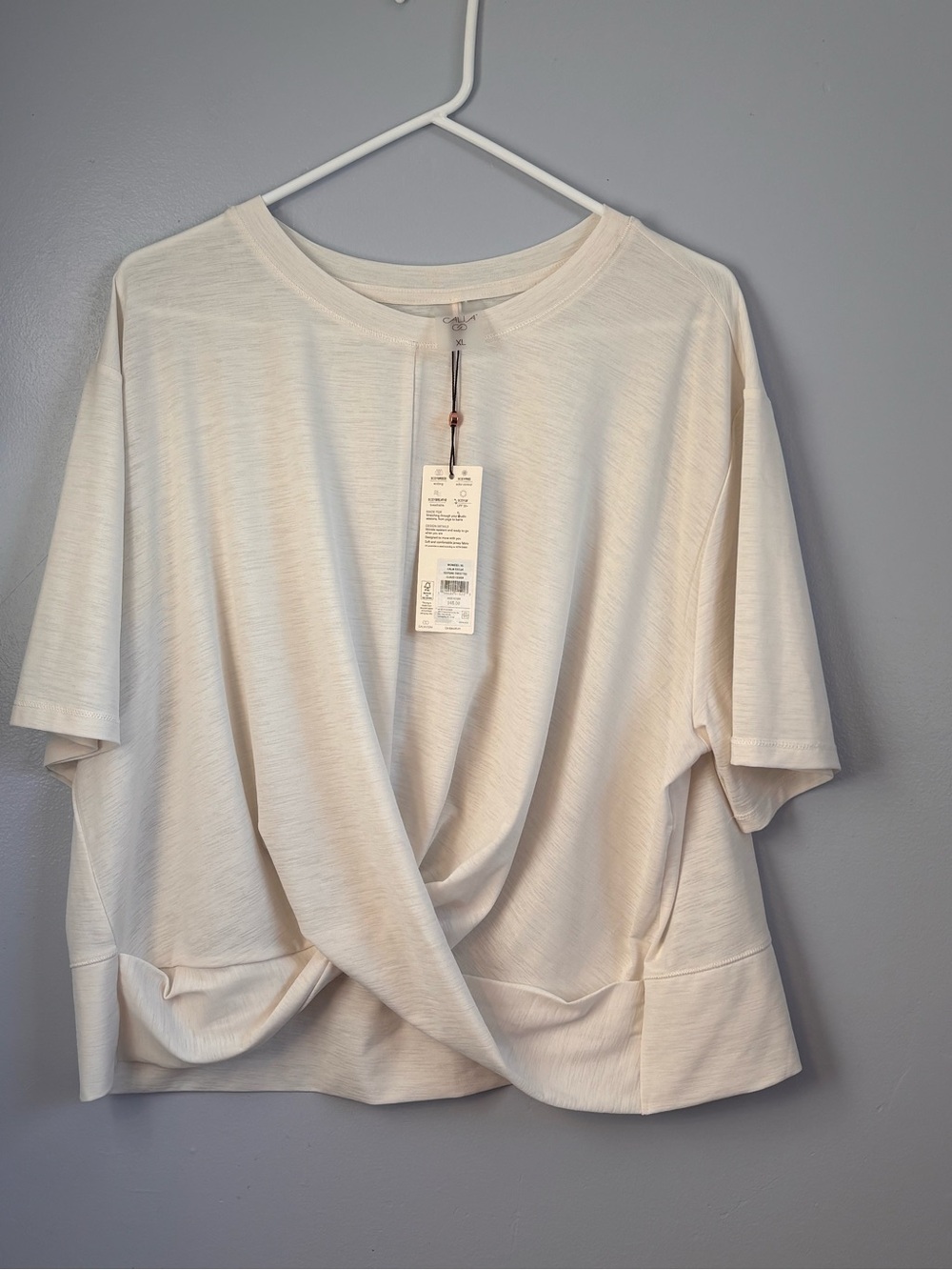 CALIA Women's Tissue Texture Twist Tee in “Cloud Cover" Sz XL. NWT